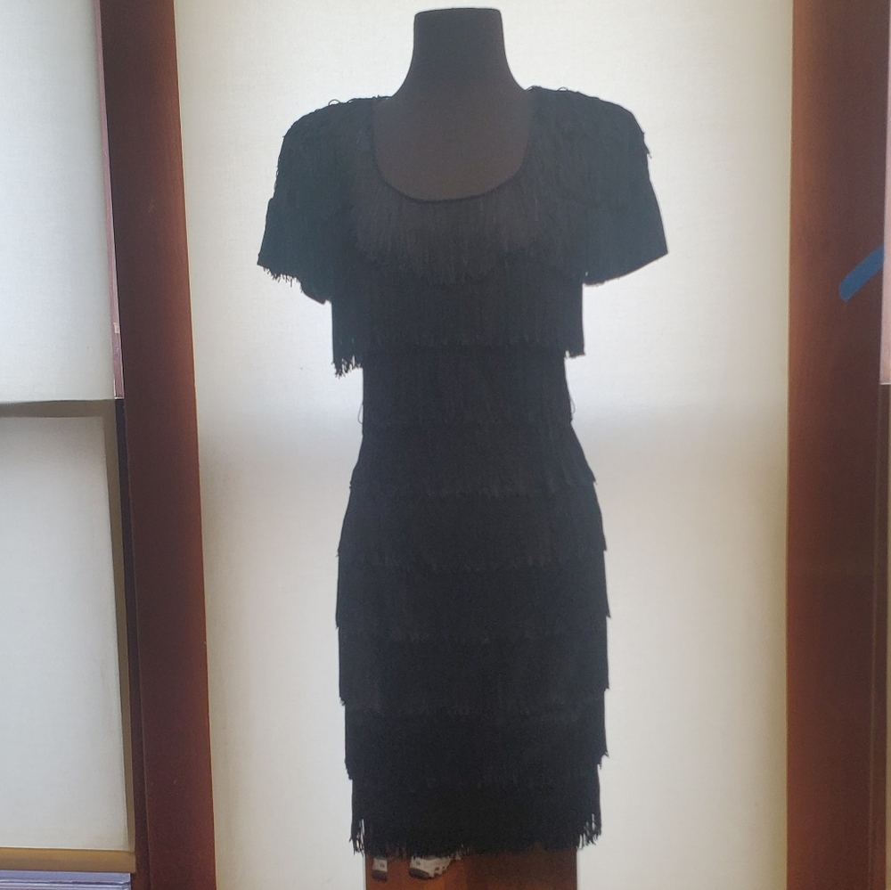 Vintage Black Fringe Short Sleeve Dress